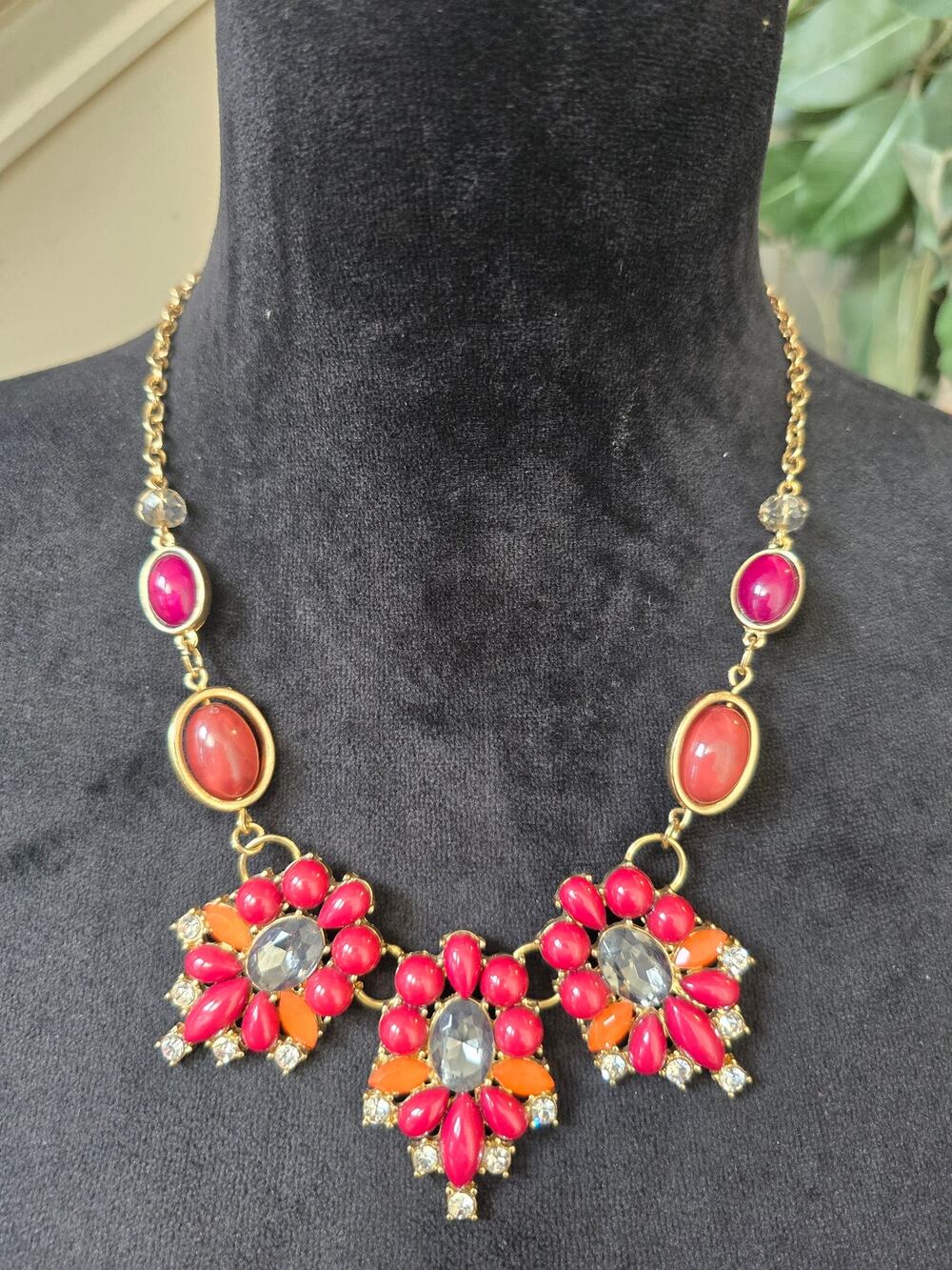 Coral Pink Floral Crystal Statement Necklace